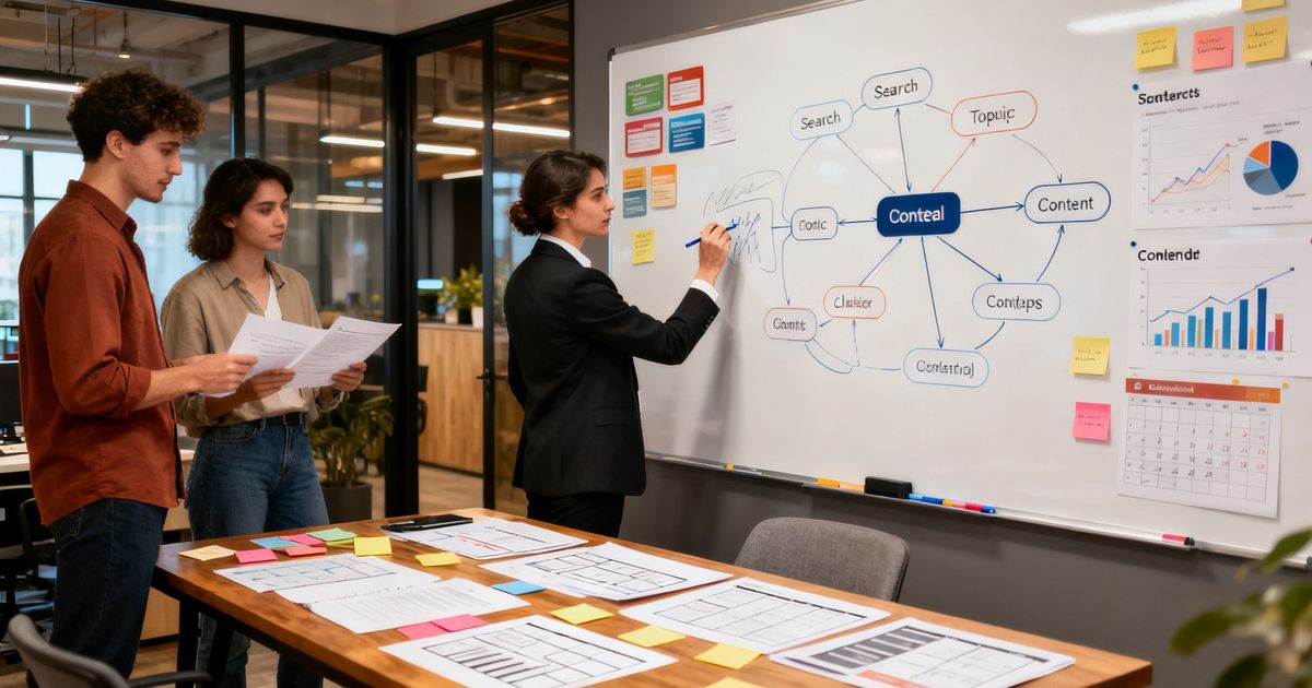 Content strategist sketching a content model for Contentful SEO on a whiteboard during planning