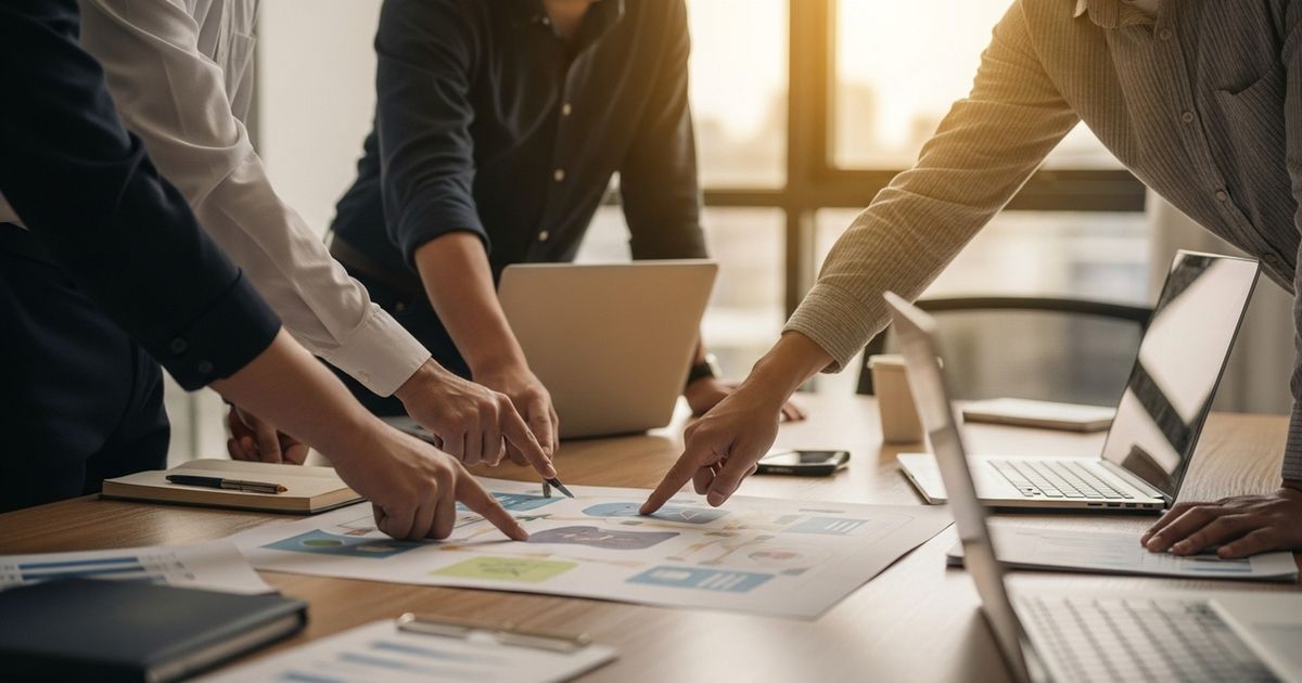 Marketing team collaborating around a conference table in Clarksville, Tennessee during an SEO content strategy session
