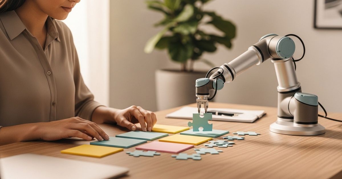 Content manager and robotic arm arranging blank color-coded cards and puzzle pieces on a clean desk, illustrating human and automated collaboration for SEO