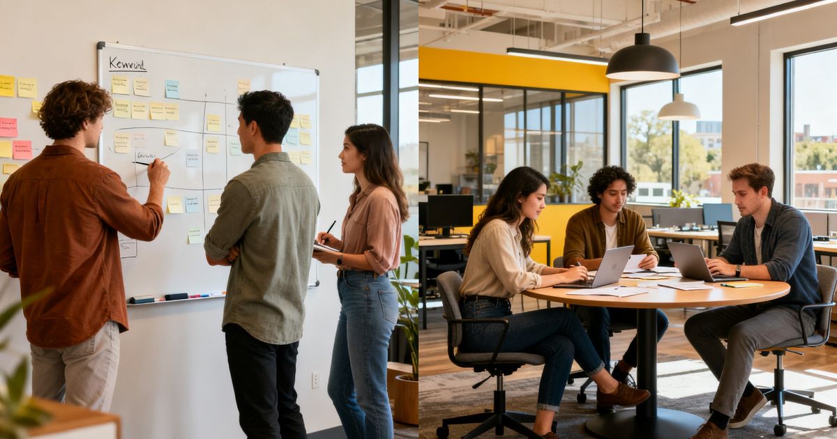 Two marketing teams collaborating side-by-side in a modern startup office — Ubersuggest vs Scalenut comparison
