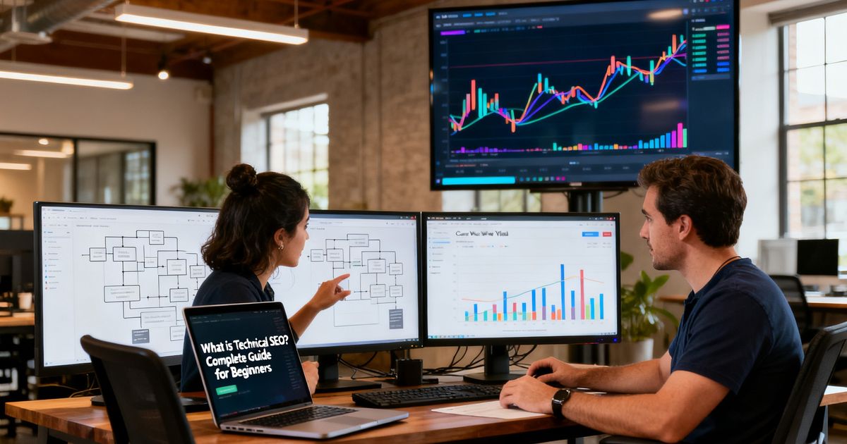 Web developer and founder reviewing site architecture and Core Web Vitals on monitors — what is technical SEO in practice