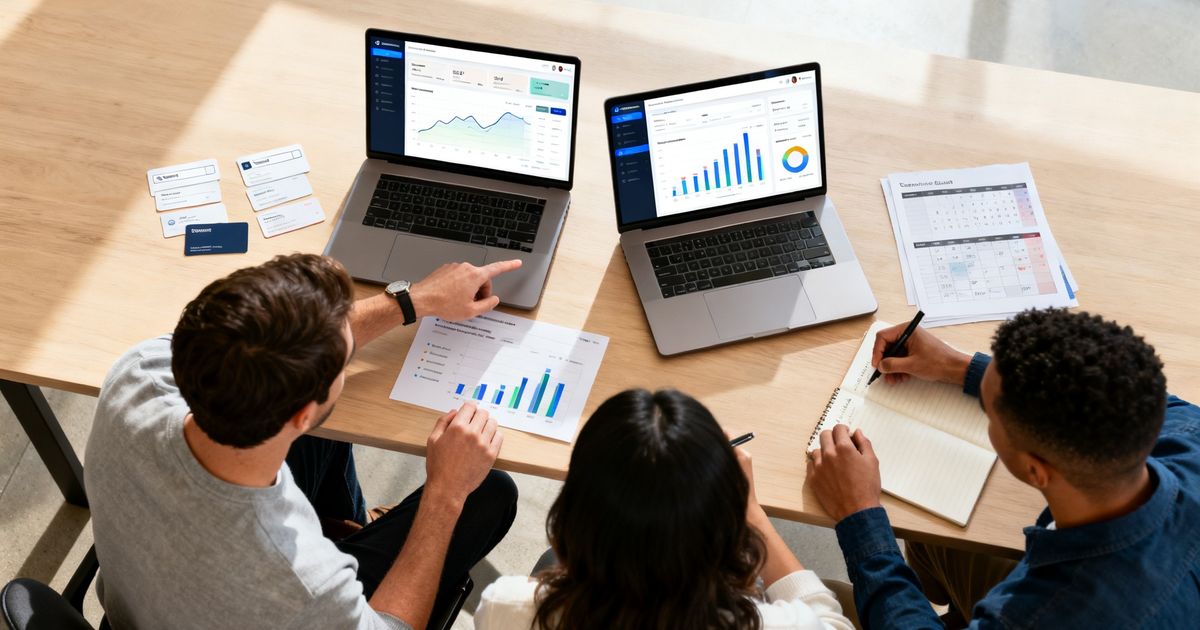 Marketing team comparing MarketMuse vs Semrush on laptops in a modern San Francisco startup office