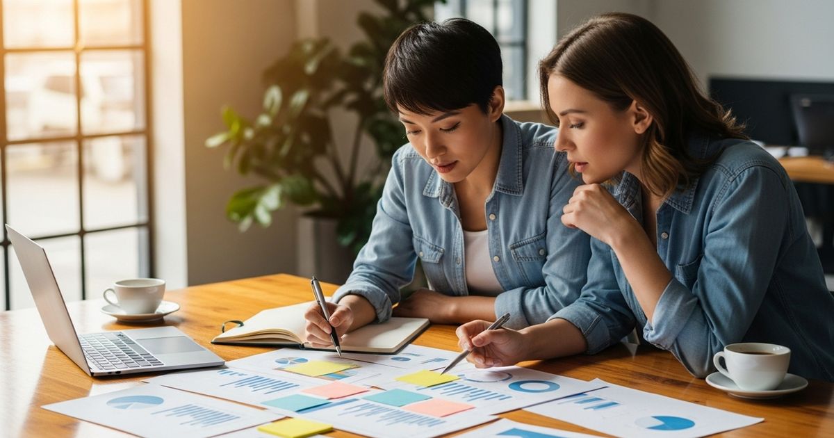 Two marketing professionals reviewing printed charts and sticky notes at a clean desk, collaborating on tool selection and content workflows.