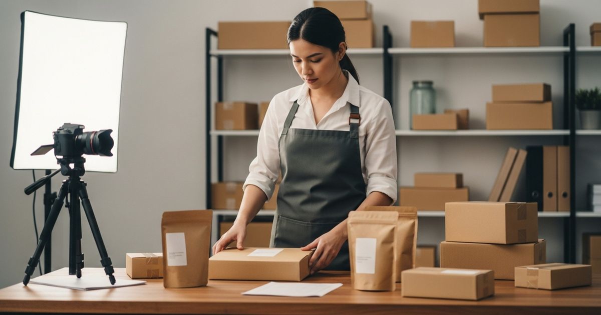 Ecommerce founder packaging products in a warm, modern workspace to represent hands-on SEO and content efforts.