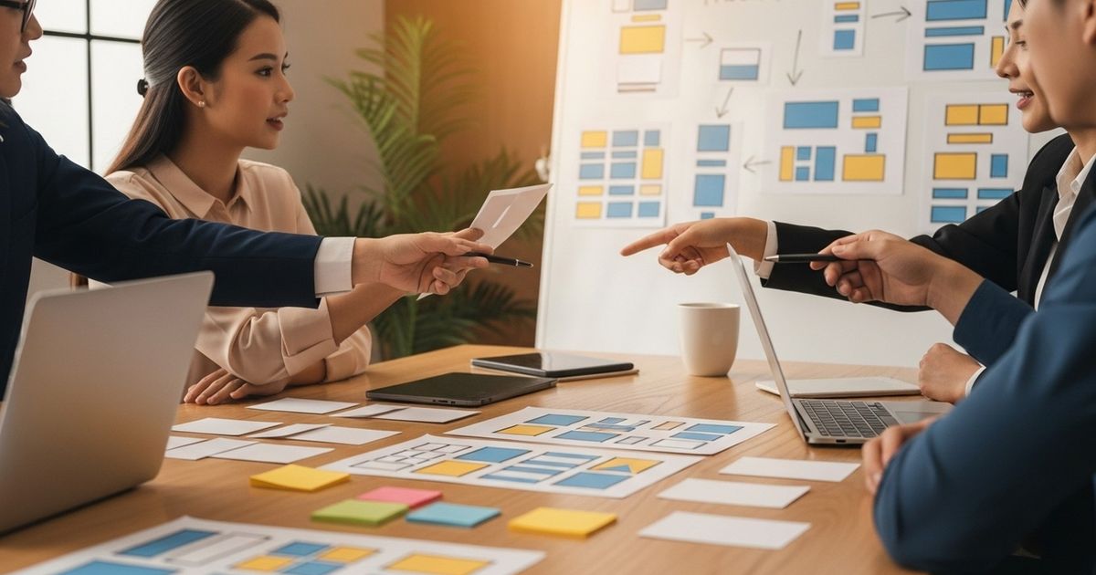Marketing team planning a programmatic SEO workflow with blank wireframes and index cards on a warm, modern conference table.