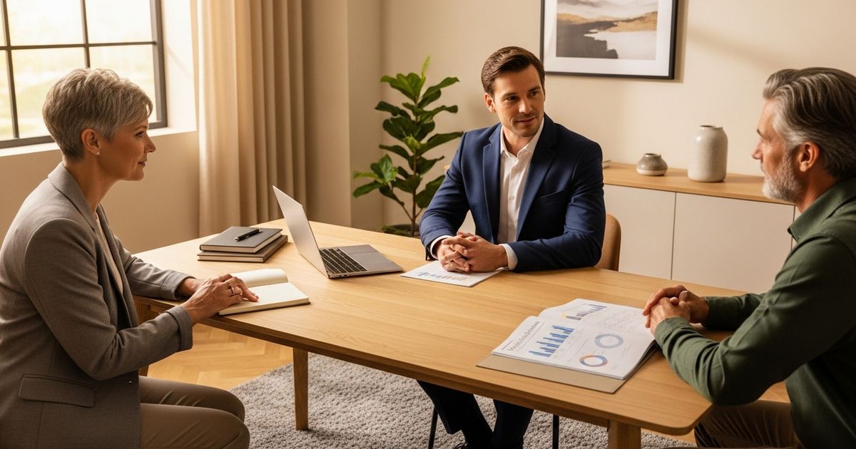 Financial advisor meeting with clients in a warm modern office — a collaborative, professional scene emphasizing trust and expertise.