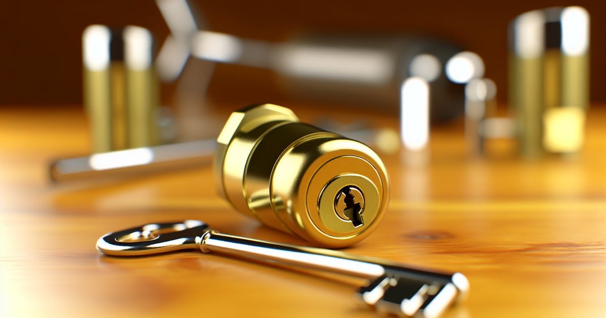Close-up of a polished brass lock and key on warm wood, hyper-realistic editorial style