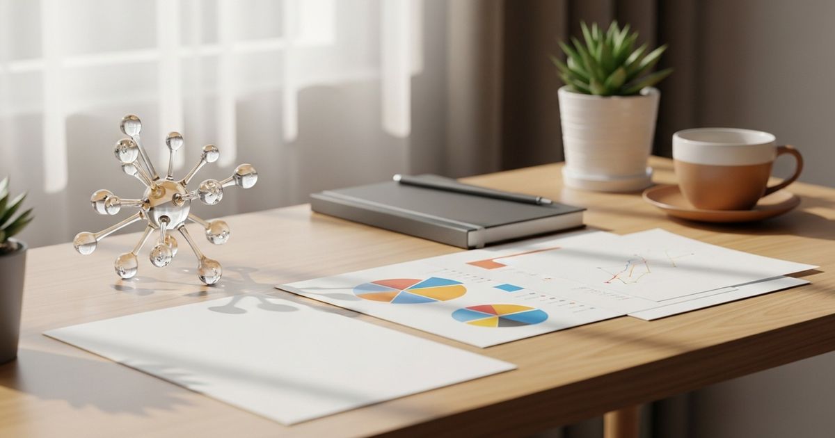 Modern workspace with an abstract neural-network sculpture and printed abstract charts, evoking AI-powered SEO workflows.