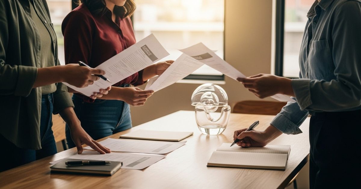 Content strategists reviewing printed drafts in a modern warm office, illustrating AI-assisted content creation and collaboration
