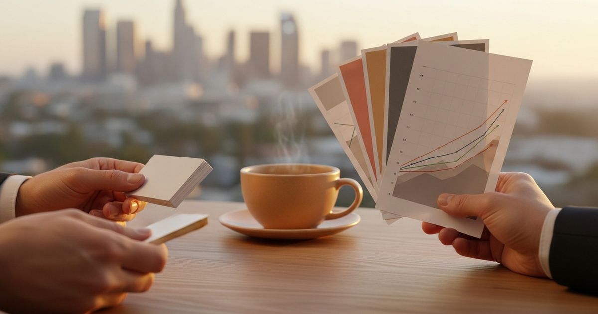 Hands reviewing SEO growth charts at a warm-toned workspace with a blurred city skyline in the background, conveying local digital marketing strategy.