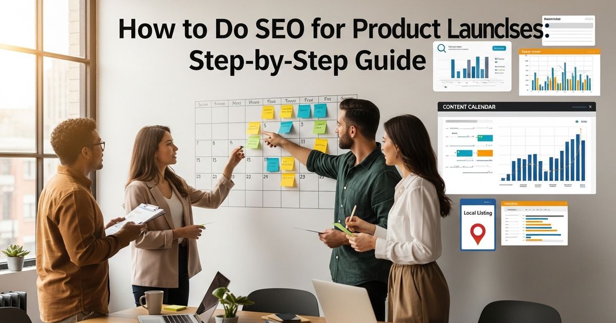 Startup marketing team planning a product launch with a content calendar and sticky notes — how to do SEO for product launches
