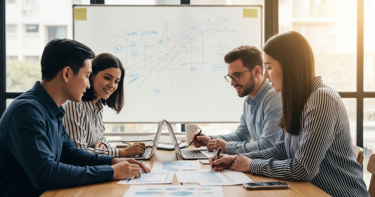 Small marketing team planning programmatic SEO strategy at a modern workspace with charts and a glass board (no text visible).