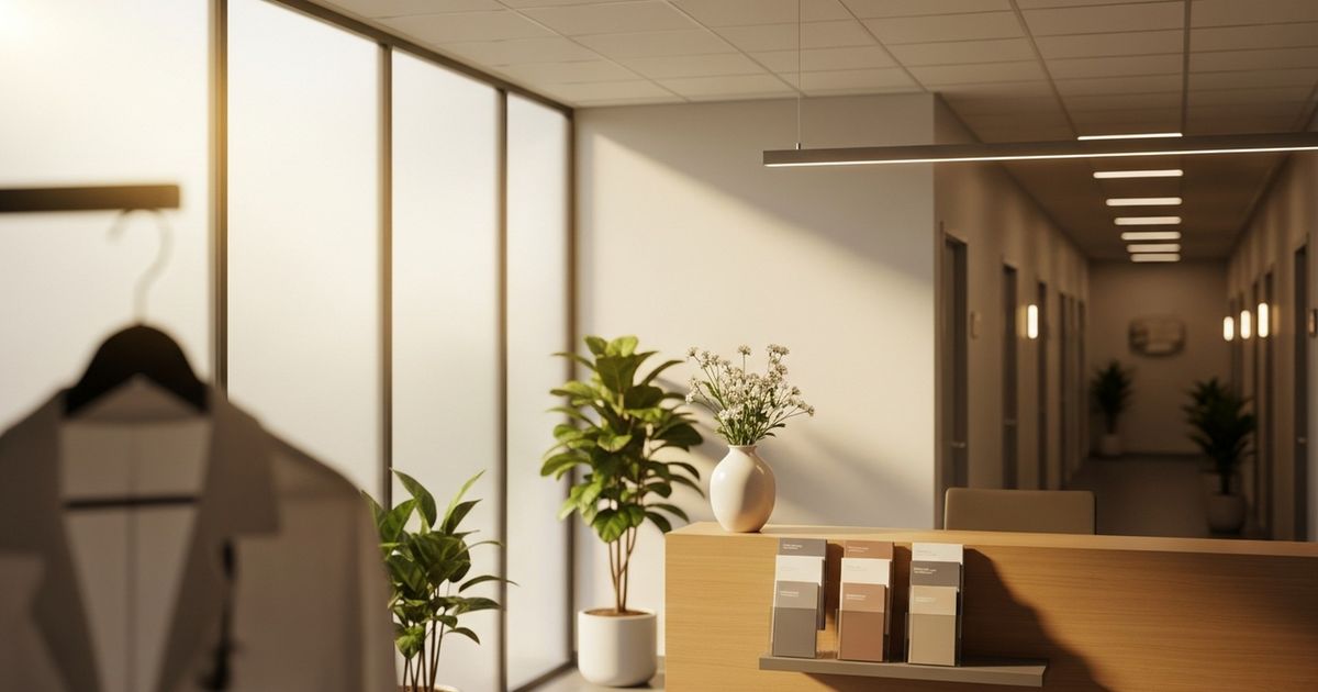 Warm modern fertility clinic reception area with soft sunlight and clean, calm design evocative of patient-focused care.