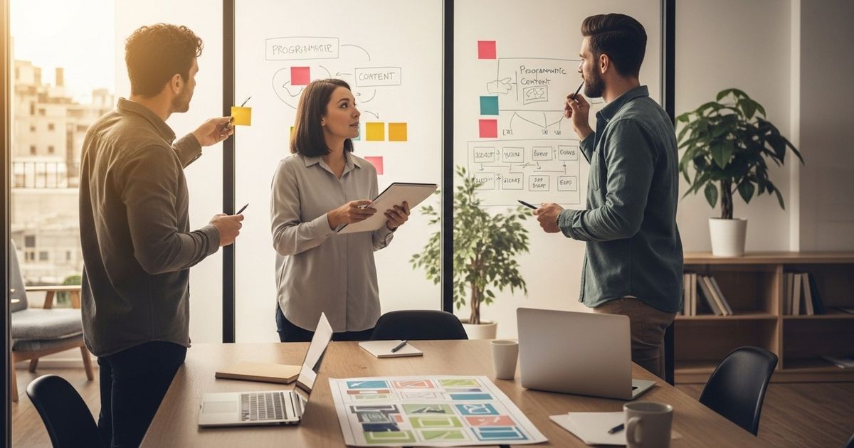 SaaS team collaborating around a glass wall with diagrams and blank sticky notes, planning programmatic SEO at scale