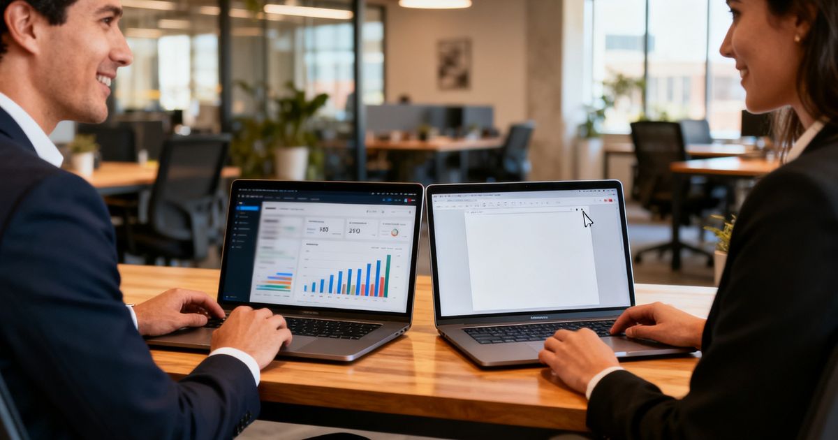 Two marketers in a modern Austin office comparing Moz and Writesonic tools on laptops — moz vs writesonic