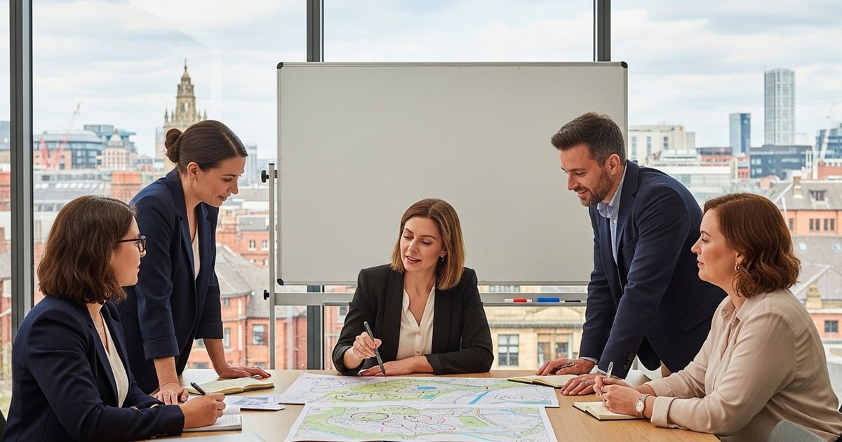 Marketing team collaborating in a Sheffield office discussing SEO strategy, representing SEO agencies in Sheffield