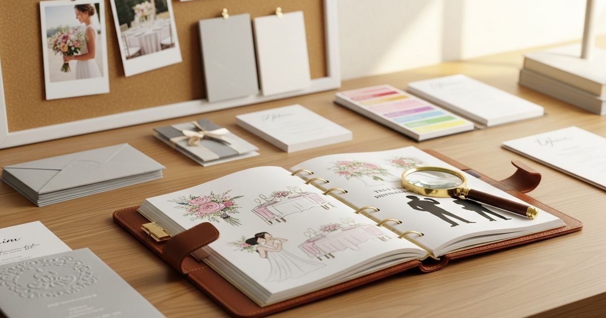 Wedding planner arranging floral swatches and mood board on a warm-toned desk, professional planning scene