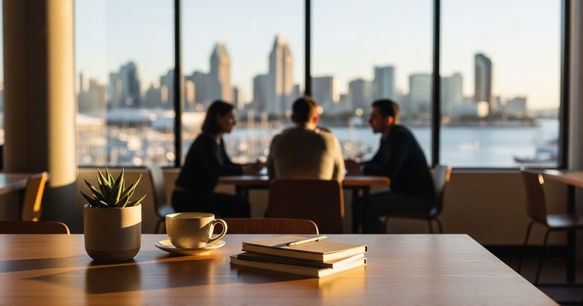 Modern warm office interior with San Diego skyline in soft focus, evoking local digital marketing and collaboration.