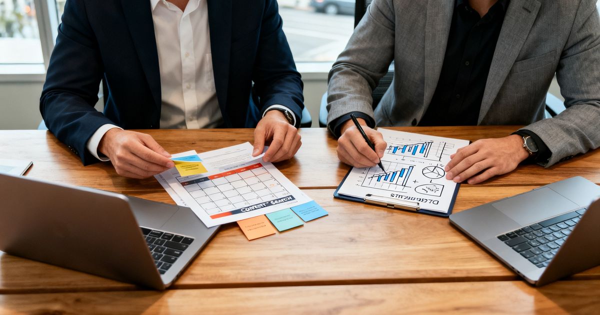 Two SEO specialists in a modern San Francisco office comparing MarketMuse vs Moz strategies