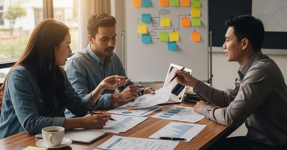 Small marketing team planning programmatic SEO around a table with charts and sticky notes, modern office, no text.