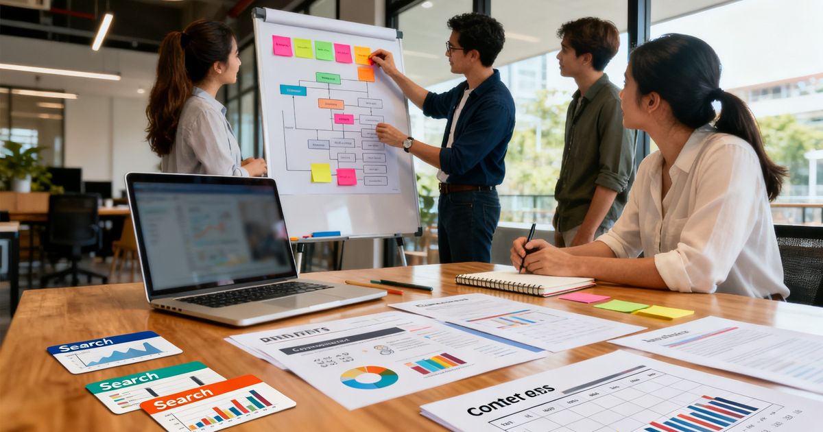 Content strategist mapping a Notion SEO content cluster on a whiteboard in a modern startup office