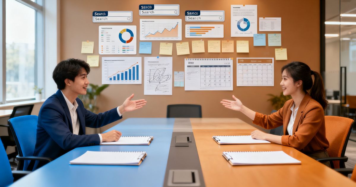 Two marketing teams comparing SEO tools side-by-side in a modern office, illustrating Surfer SEO vs MarketMuse