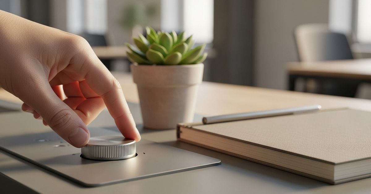 Hand turning a sleek control dial on a modern desk console as a metaphor for throttling automated publishing