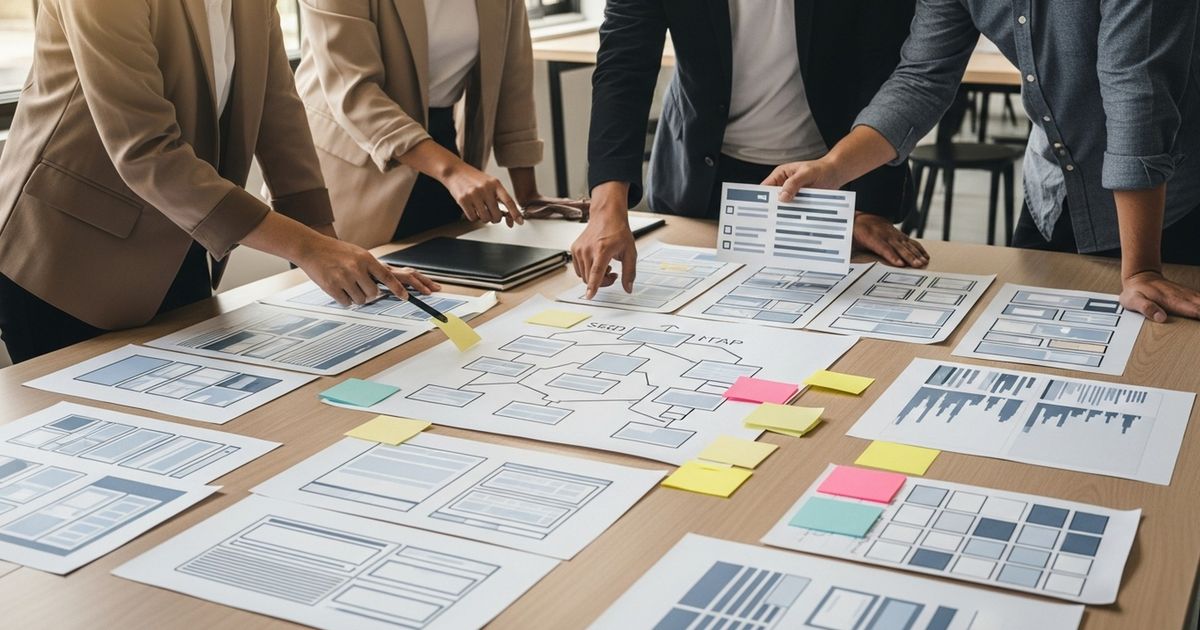 Startup marketing team planning a Zyro SEO content sitemap with printed wireframes on a table
