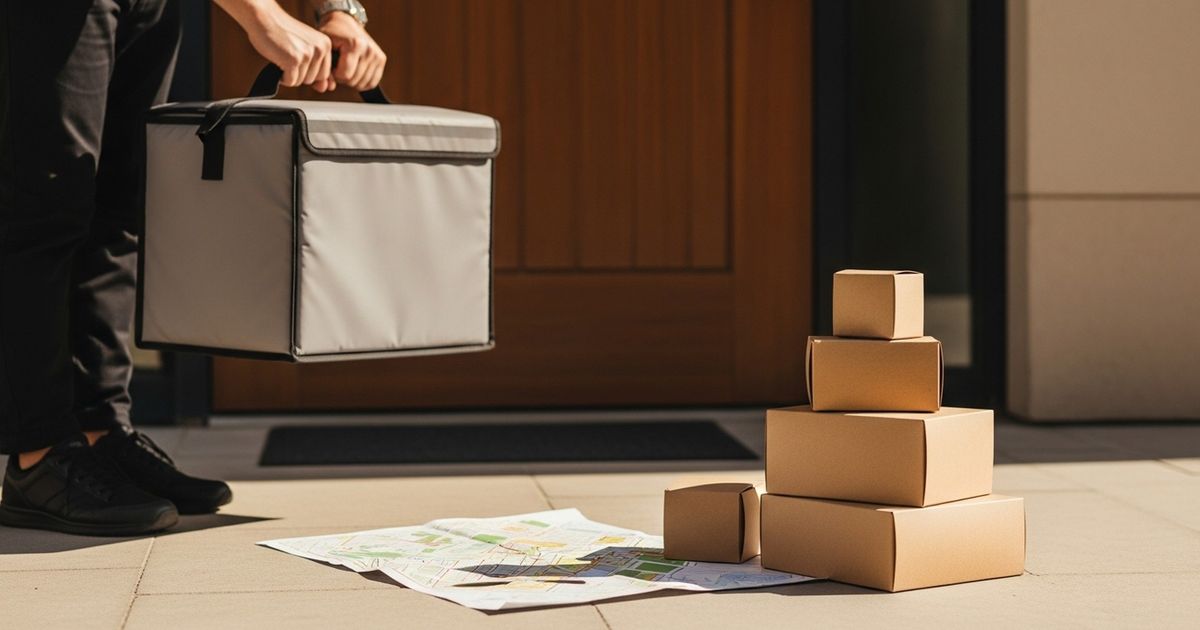 Courier holding an unbranded insulated food delivery bag at a doorstep beside neatly arranged takeaway boxes and a small map fragment, editorial warm tones.