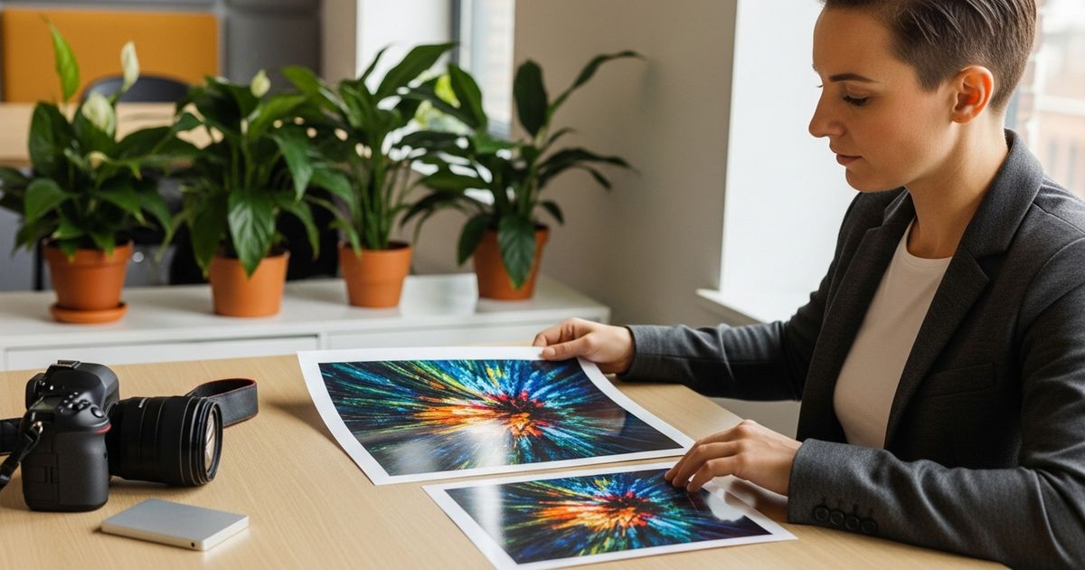 Content manager comparing printed photos to demonstrate how to optimize images for SEO in a modern startup office