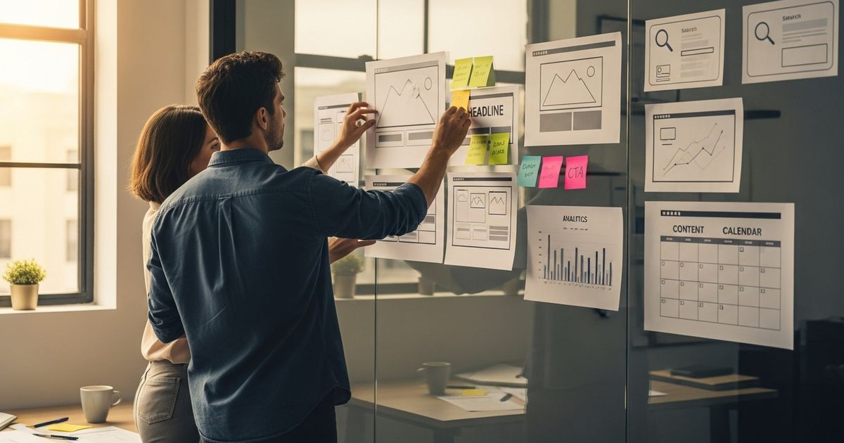 Content manager arranging printed wireframes for above-the-fold content in a San Francisco startup office