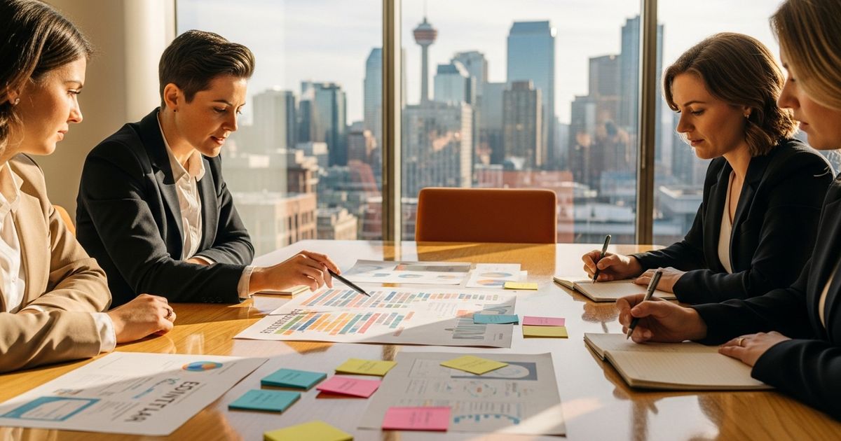 Marketing team collaborating in a Calgary office to plan SEO content for local businesses — SEO agencies in Calgary