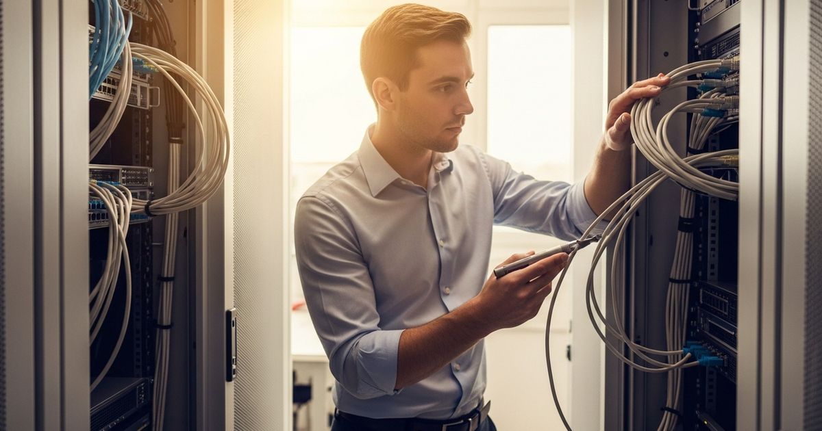 DevOps engineer inspecting a server rack while addressing 404 errors