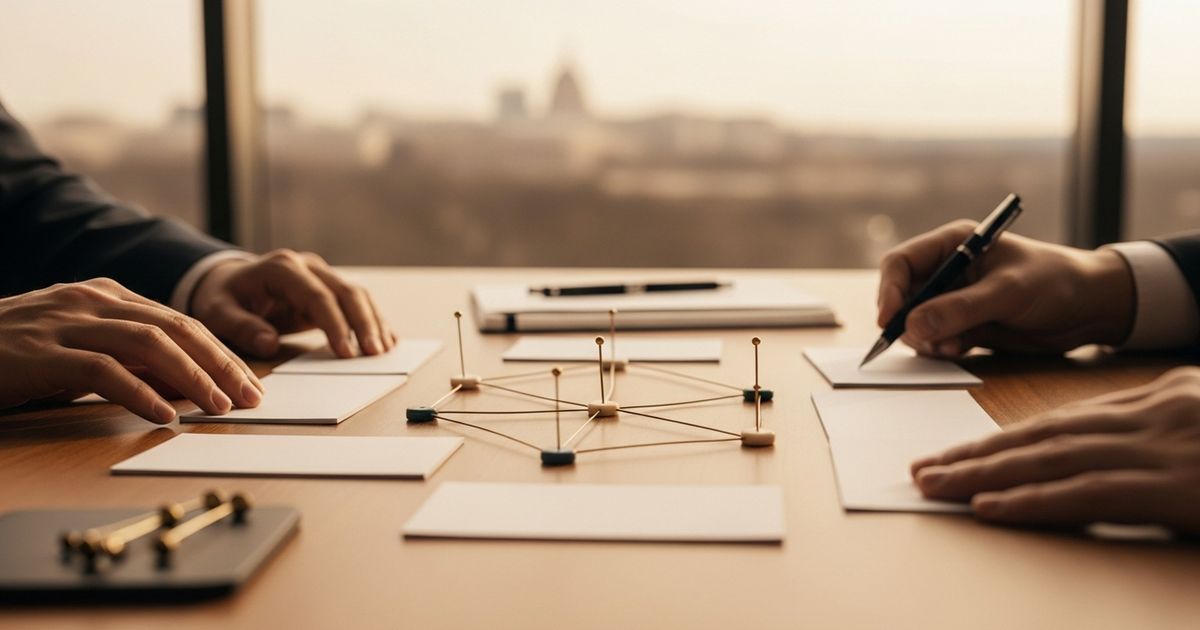 Warm editorial image of hands arranging a physical network map on a desk, suggesting strategic planning for SEO agencies in Washington DC