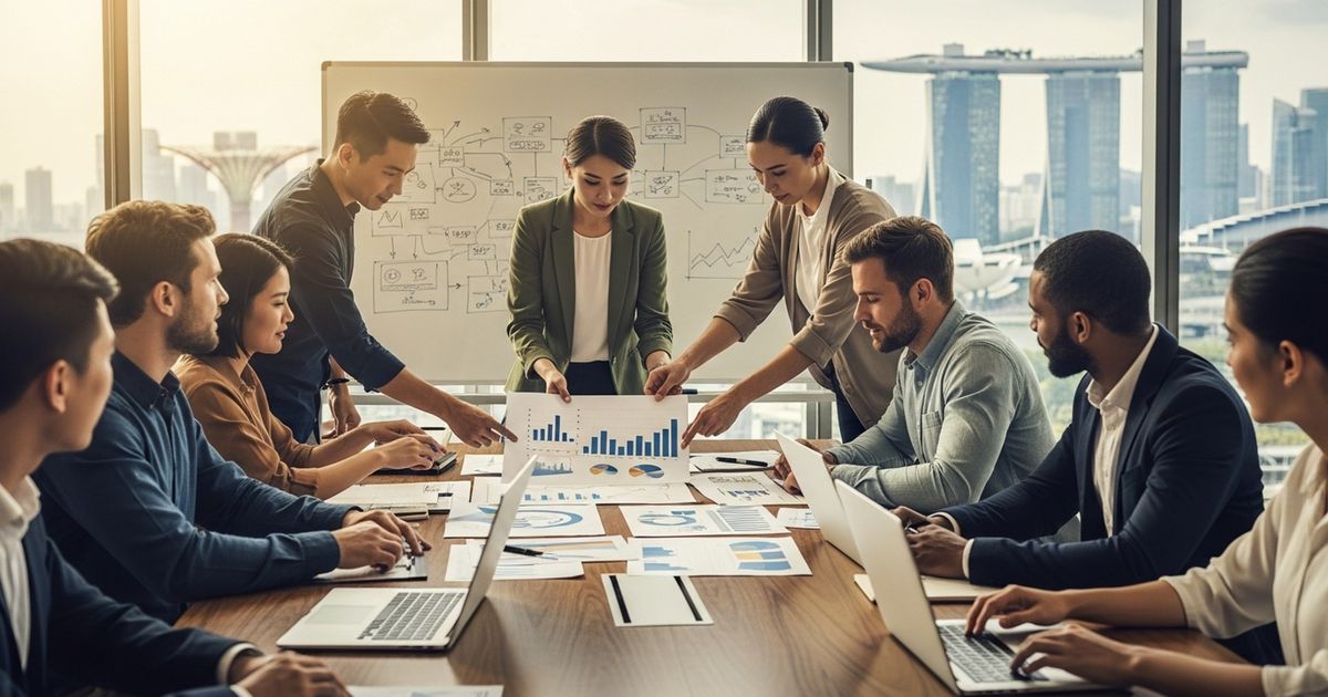 Marketing team collaborating around a conference table in a Singapore office planning SEO strategy for local businesses, representing seo agencies in singapore