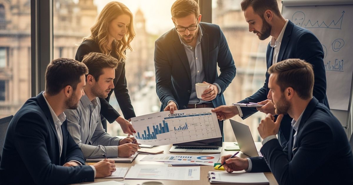 Marketing team in a Glasgow office planning SEO strategy — top SEO agencies in Glasgow collaborating on keyword research and content calendar
