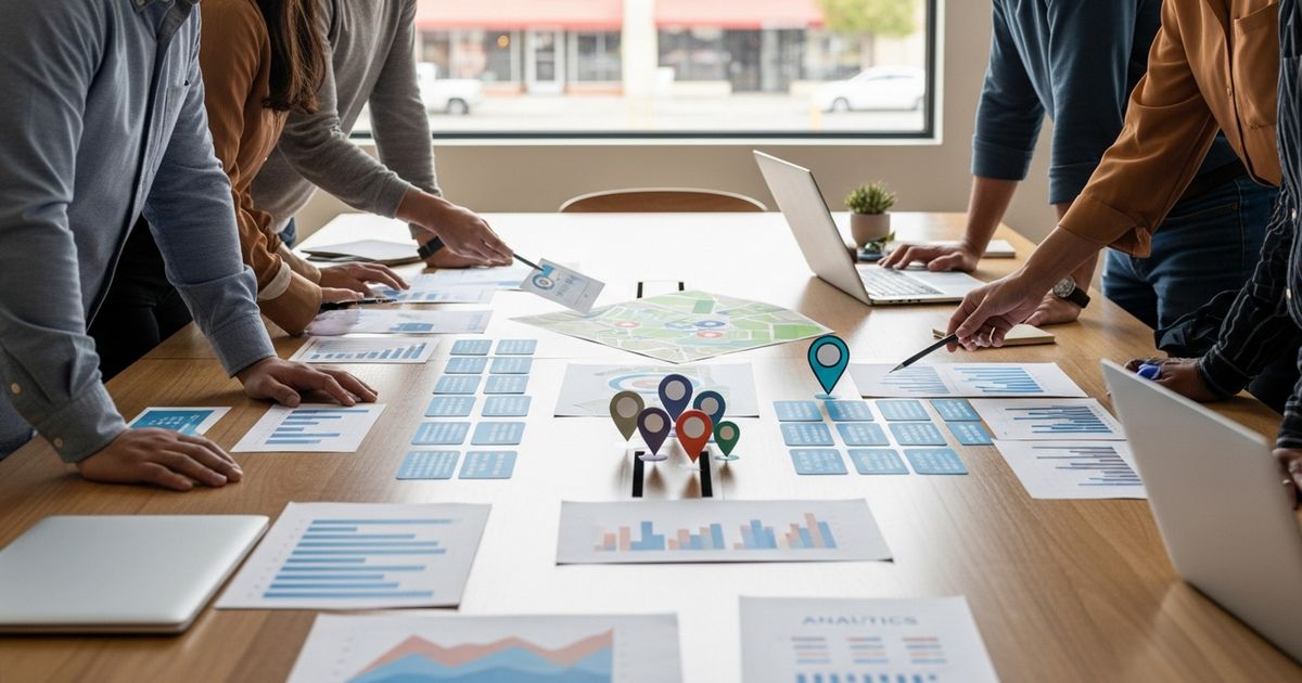 Marketing team collaborating in a Modesto office around SEO strategy documents for local businesses — seo agencies in modesto