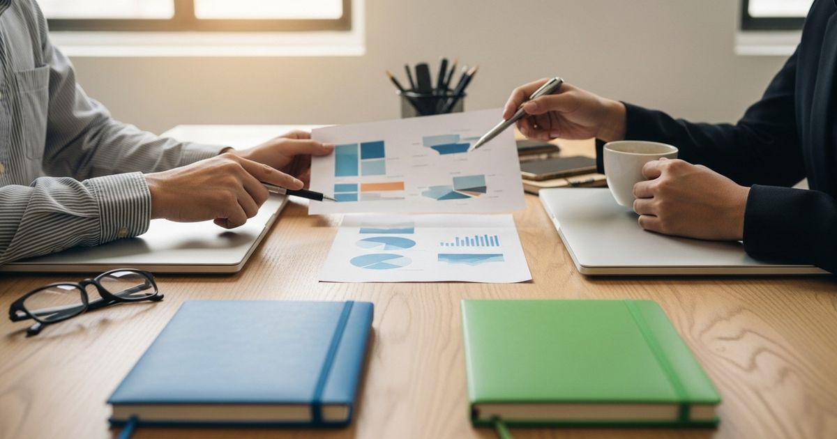 Two marketers discussing color-coded notebooks and charts at a modern desk, symbolizing a side-by-side platform comparison between SEOTakeoff and Profound.