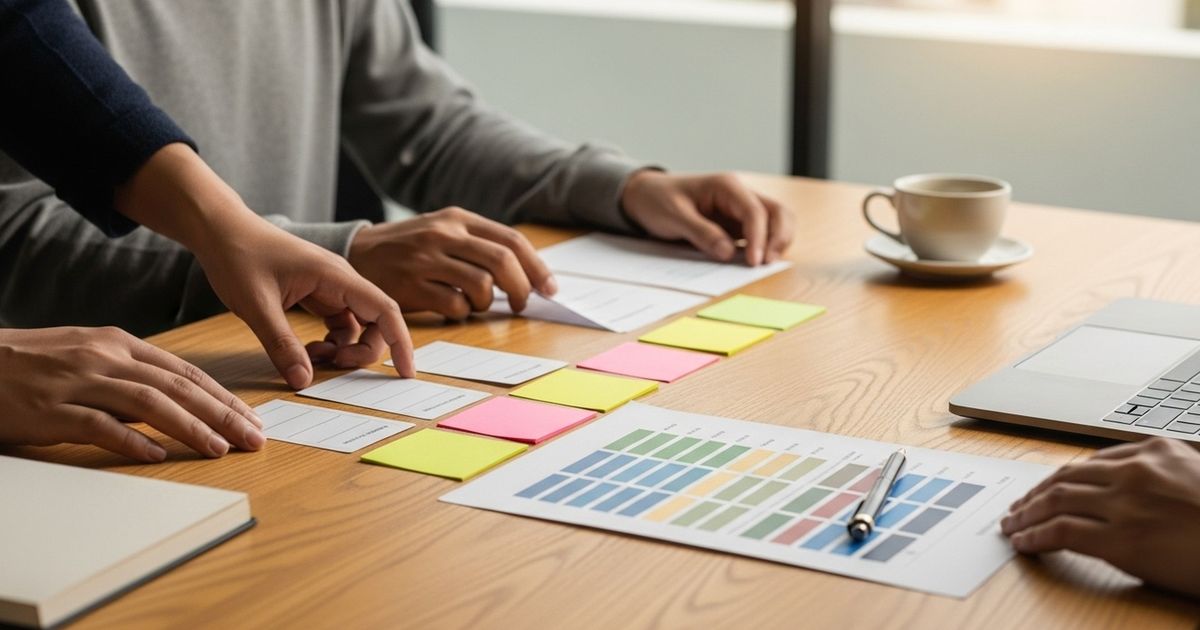 Hands arranging blank template cards and color-coded sticky notes on a warm office desk, illustrating collaborative planning for programmatic SEO.