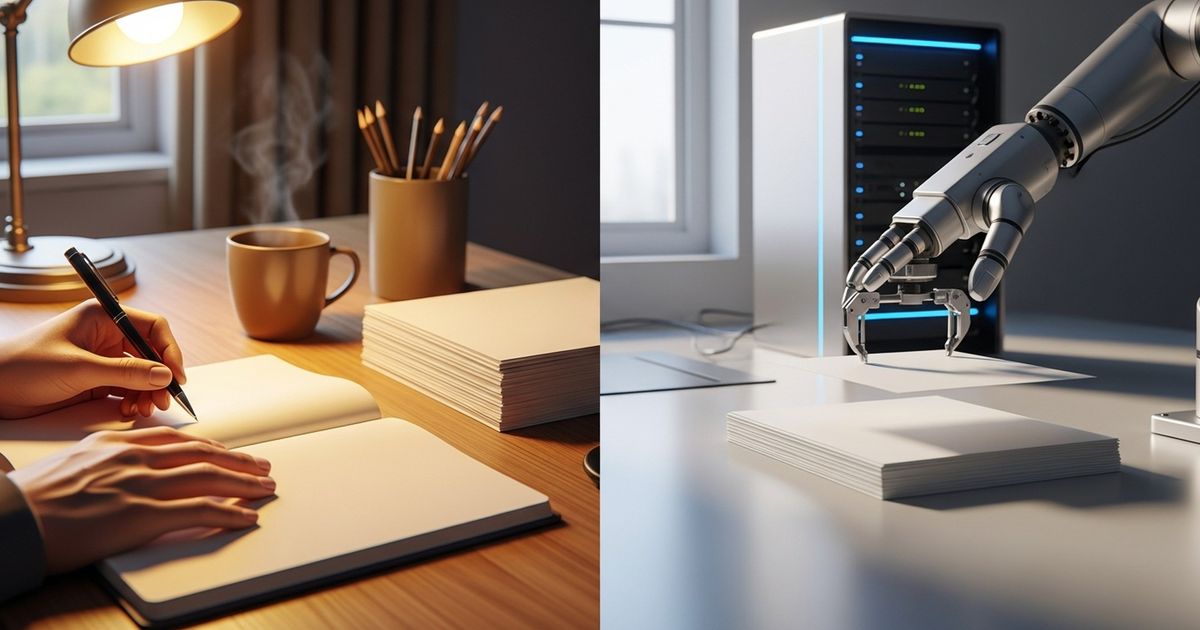 Split workspace showing a human writer's hands with a notebook on the left and a robotic arm with blank paper beside a server rack on the right, symbolizing AI versus human content creation.