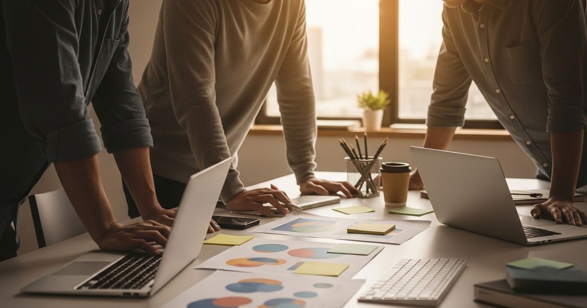 In-house marketing team meeting in a modern office discussing SEO strategy, with charts and blank planning materials visible.