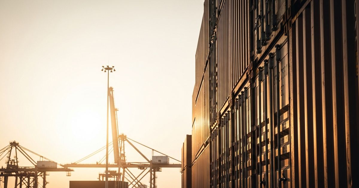 Stacks of cargo containers at a port at golden hour, warm tones, conveying global shipping and logistics scale