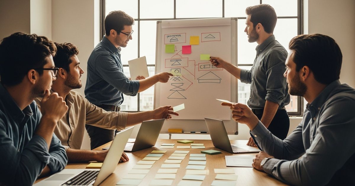 Small startup marketing team prioritizing SEO tasks at a whiteboard in a San Francisco office