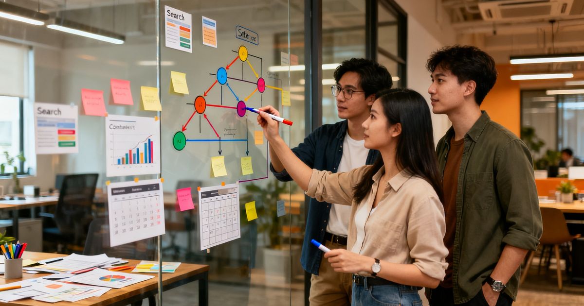 Startup team sketching site architecture for Bubble SEO on a glass wall