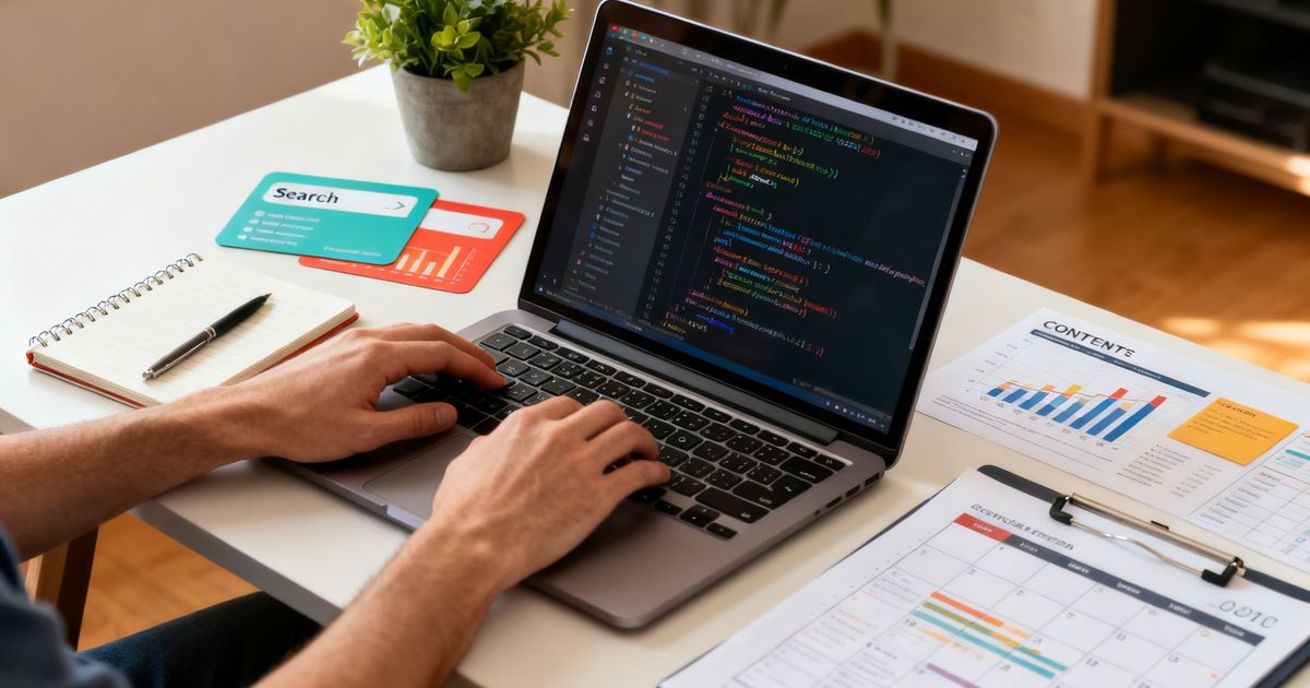 Developer configuring Payload CMS SEO settings in a modern home office — payload cms seo