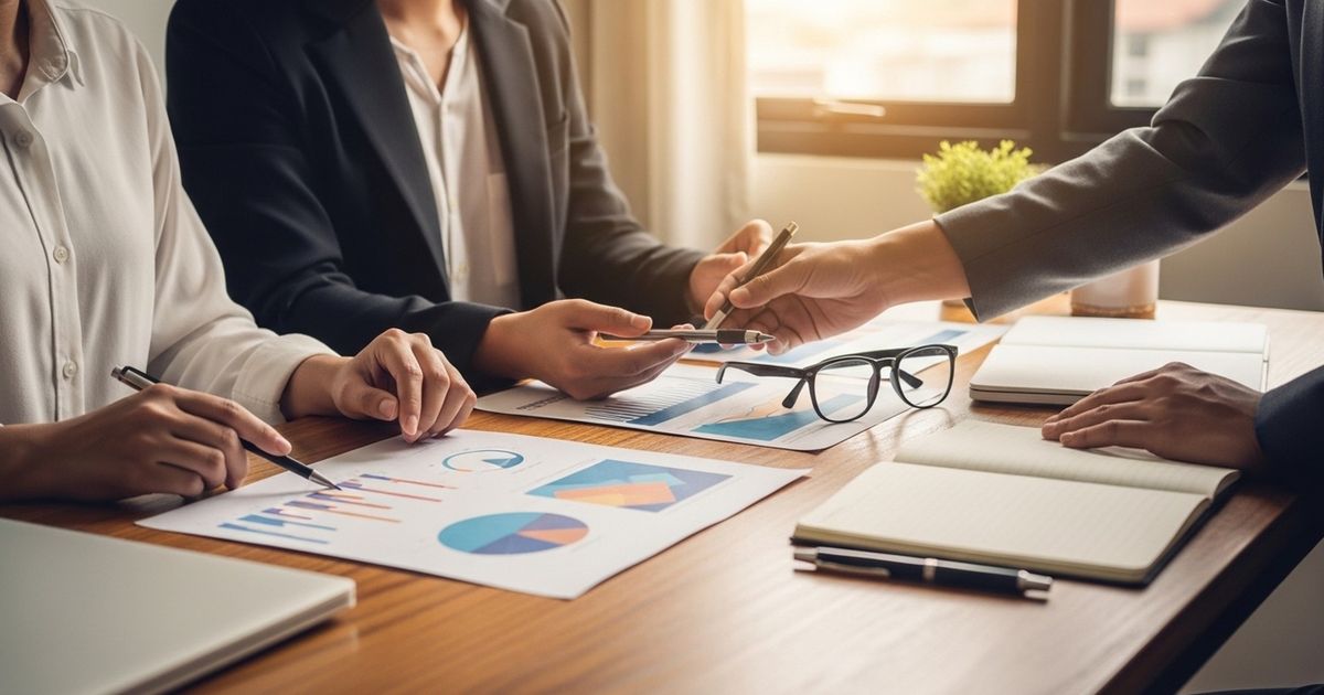 Team around a table reviewing printed charts and discussing SEO strategy in a modern office.
