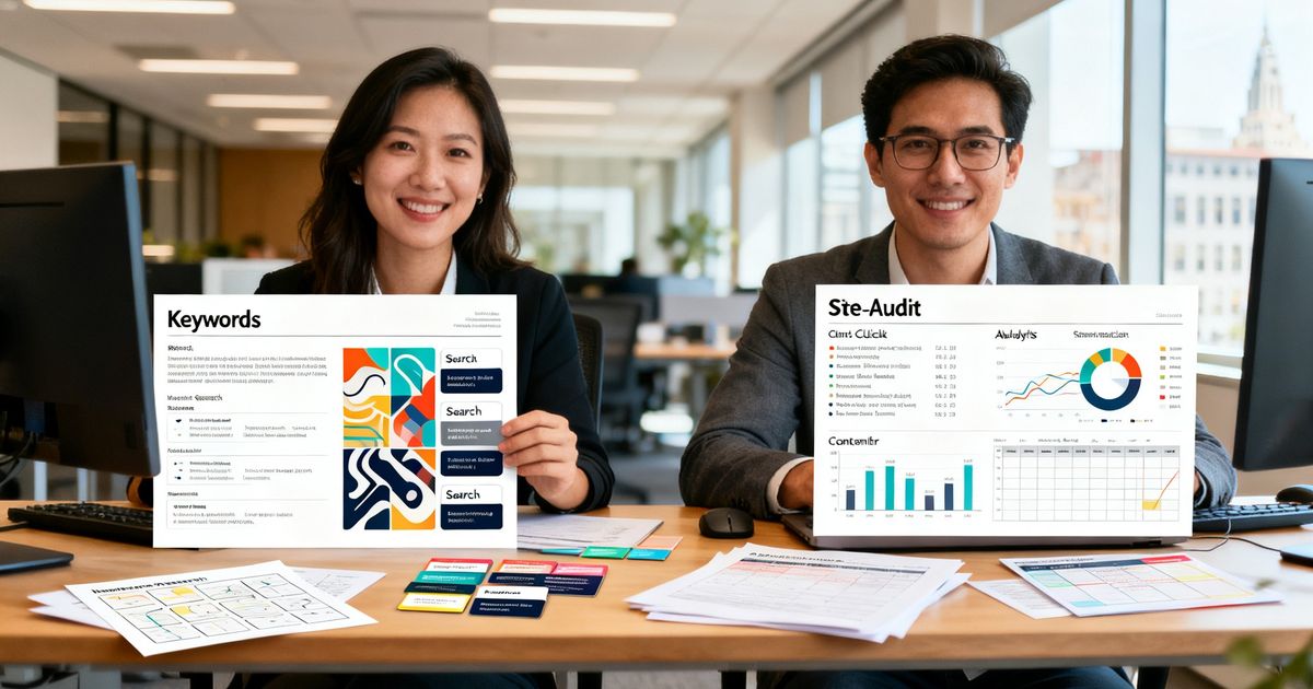 Two marketing analysts in a modern office comparing keyword and audit workflows — visual metaphor for semrush vs ubersuggest comparison