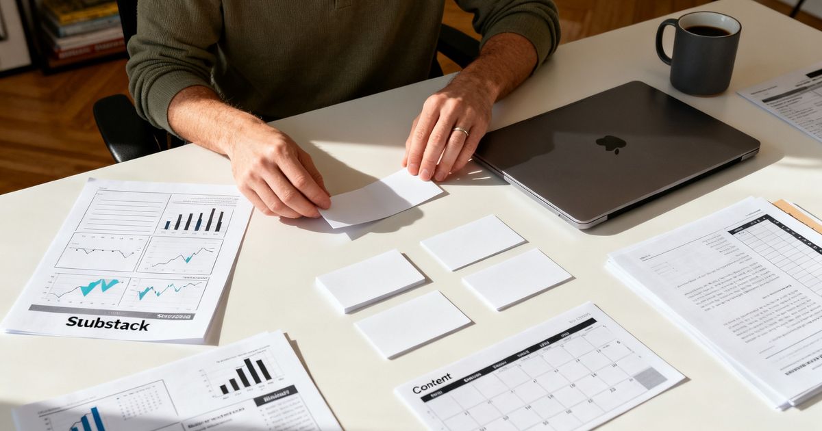 Substack newsletter author planning topic clusters at a desk in a Brooklyn home office — Substack SEO