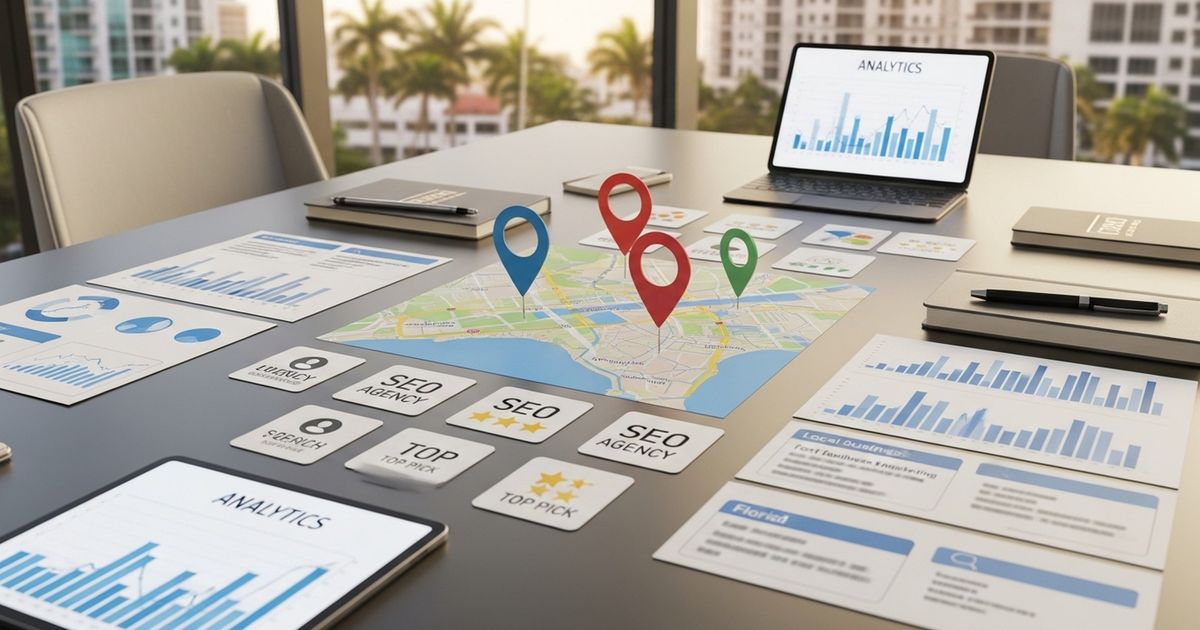 Marketing team collaborating in a Fort Lauderdale office reviewing SEO reports for SEO agencies in Fort Lauderdale