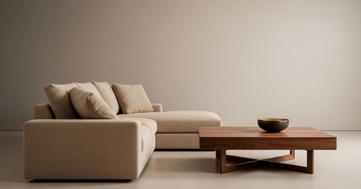 Warm hyper-realistic showroom vignette with a sectional sofa and coffee table in a modern, minimalist setting